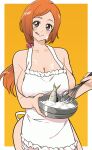 :p apron bare_shoulders bleach bowl breasts brown_hair cleavage collarbone cream cream_on_breasts cream_on_face fish food food_on_face framed gradient_background hair_ornament hair_scrunchie highres holding holding_bowl holding_whisk inoue_orihime large_breasts long_hair looking_at_viewer low_ponytail mixing_bowl naked_apron oeoeoe_(fyzs5787) orange_background orange_hair pink_scrunchie scrunchie sideboob smile tongue tongue_out whisk white_apron 