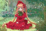 1girl blonde_hair blue_eyes bonnet bow bowtie bush capelet closed_mouth commentary_request dress drill_locks flat_chest flower flower_brooch forest frilled_capelet frilled_dress frilled_sleeves frills full_body grass green_bow green_bowtie hands_on_lap highres lolita_fashion long_dress long_hair long_sleeves looking_at_viewer nature own_hands_together pink_flower pink_rose red_capelet red_dress red_flower red_headwear rose rozen_maiden shinku sitting smile solo tree twintails very_long_hair yvette_(yunzhixi) 