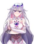  1girl :i arms_under_breasts black_corset blush bridal_gauntlets chest_jewel collar colored_inner_hair corset crossed_arms detached_collar dress grey_hair highres hololive hololive_english koseki_bijou long_hair looking_at_viewer multicolored_hair pink_hair pluv_hill puffy_cheeks purple_eyes single_bridal_gauntlet solo virtual_youtuber white_bridal_gauntlets white_collar white_dress 