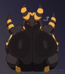  2023 big_breasts breast_expansion breasts digital_media_(artwork) eeveelution expansion female feral generation_2_pokemon generation_5_pokemon hi_res huge_breasts hybrid hyper hyper_breasts justkindofhere looking_down nintendo nude pokemon pokemon_(species) scolipede simple_background solo thick_thighs umbreon wide_hips 