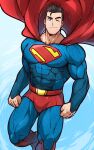  1boy absurdres bara black_hair blue_bodysuit blue_eyes bodysuit cape clark_kent closed_mouth dc_comics highres kuroshinki large_pectorals male_focus muscular muscular_male my_adventures_with_superman one_eye_closed pectorals red_cape short_hair smile solo superman superman_(series) 