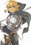  1boy armor blonde_hair blue_eyes cape closed_mouth highres hood hood_down hooded_cape link looking_at_viewer male_focus pointy_ears sagami_jon sheikah_slate shoulder_plates simple_background soldier&#039;s_set_(zelda) solo the_legend_of_zelda the_legend_of_zelda:_breath_of_the_wild white_background 