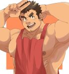  1boy apron arm_behind_head arm_up bara border brown_eyes brown_hair chest_hair commentary_request facial_hair forked_eyebrows goatee goatee_stubble highres large_pectorals long_sideburns male_focus muscular muscular_male naked_apron nipples obliques open_mouth orange_background outside_border pectorals red_apron shirotoki_(qdng0atngbaqmce) short_hair sideburns simple_background smile solo stubble takabushi_kengo thick_eyebrows tokyo_afterschool_summoners upper_body v white_border 
