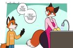  anthro apron black_body black_fur border bottomwear canid canine cellphone cheek_tuft clothing dialogue duo english_text facial_tuft female fluffy fluffy_tail fox freckles_(artist) fur gloves gradient_background handwear humor joke latex_gloves long_sleeve_shirt male mammal open_mouth orange_body orange_fur pants phone simple_background smartphone speech_bubble tail text tuft washing_dishes white_body white_border white_fur wide_eyed yoga_pants 