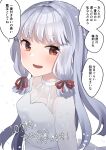  1girl alternate_costume commentary_request dress grey_hair hair_ribbon highres kantai_collection long_hair looking_at_viewer murakumo_(kancolle) open_mouth orange_eyes ribbon shirasumato sidelocks simple_background smile solo translation_request tress_ribbon upper_body white_background white_dress 