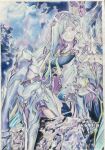  1girl armor blue_hair blue_theme brynhildr_(fate) colored_pencil_(medium) derivative_work fate/grand_order fate_(series) highres junartart long_hair looking_to_the_side purple_eyes sitting solo traditional_media 