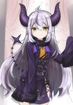  ahoge ascot black_horns braid braided_bangs collar hamura highres hololive horns la+_darknesss la+_darknesss_(1st_costume) metal_collar multicolored_hair pointy_ears purple_hair sleeves_past_fingers sleeves_past_wrists streaked_hair striped_horns tail virtual_youtuber yellow_ascot yellow_eyes 
