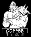  1boy armor bara beard chest_belt coffee_mug cropped_torso cup dad_mug ears_down english_text facial_hair forked_eyebrows greyscale holding holding_cup icysage large_pectorals male_focus mature_male merchandise_available mohawk monochrome monster_boy mug muscular muscular_male orc original pauldrons pectorals pointy_ears shoulder_armor single_pauldron sleepy solo tusks 