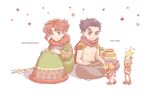  2boys armor black_hair chibi fur-trimmed_robe fur_collar green_eyes indian_style jojo_no_kimyou_na_bouken kakyoin_noriaki kujo_jotaro lanxjourney multiple_boys muted_color pauldrons red_eyes red_hair red_scarf robe scarf shoulder_armor sitting smile staff stardust_crusaders tarot the_hierophant_(tarot) the_star_(tarot) topless_male toy vase 