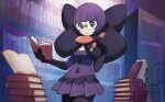  1girl black_gloves black_pantyhose blunt_bangs bob_cut book bow breasts buttons elbow_gloves glasses gloves holding holding_book holding_pen large_bow library medium_breasts official_art pantyhose pen pokemon pokemon_(game) pokemon_bw pokemon_tcg purple_hair purple_skirt rimless_eyewear round_eyewear shauntal_(pokemon) skirt sleeves_past_elbows solo third-party_source 