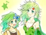  aged_up blue_eyes breasts cleavage closed_mouth collarbone detached_sleeves dual_persona earrings final_fantasy final_fantasy_iv green_hair hair_ornament jewelry long_hair looking_at_viewer open_mouth rydia_(ff4) sa_kichi smile star_(symbol) star_earrings 
