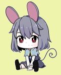  1girl animal_ears capelet chibi commentary crystal eyebrows_hidden_by_hair grey_capelet grey_hair grey_skirt mouse_ears mouse_girl mouse_tail nazrin nets_(netsabyss) red_eyes sitting skirt skirt_set solo tail touhou yellow_background 