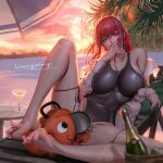  1girl bare_legs barefoot beach beach_chair black_one-piece_swimsuit bottle breasts chainsaw chainsaw_man cigarette cocktail_glass cup dorsiflexion drinking_glass fangs feet highres knee_up large_breasts legs liang_xing makima_(chainsaw_man) off_shoulder one-piece_swimsuit open_clothes open_shirt orange_eyes palm_tree pochita_(chainsaw_man) red_hair ringed_eyes soles sunset swimsuit toenails toes tree wine_bottle 