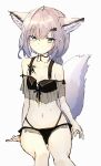  1girl absurdres animal_ear_fluff animal_ears arknights bangs bare_shoulders bikini black_bikini blush closed_mouth commentary_request feet_out_of_frame fox_ears fox_girl fox_tail grey_background grey_eyes grey_hair hair_between_eyes hair_ornament hairclip highres long_hair looking_at_viewer miyopiwi navel see-through simple_background sitting solo sussurro_(arknights) sussurro_(summer_flowers)_(arknights) sweat swimsuit tail x_hair_ornament 