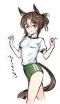 1girl animal_ears blush breasts brown_hair brown_tail buruma fine_motion_(umamusume) green_buruma hair_bun hamao highres horse_ears horse_girl horse_tail looking_at_viewer multicolored_hair shirt short_sleeves simple_background small_breasts smile solo standing tail translation_request umamusume white_background white_shirt 