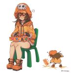 arcade_stick bike_shorts brown_hair chair controller fingerless_gloves frustrated game_controller gloves guilty_gear guilty_gear_strive highres hood hoodie joystick large_hat long_hair may_(guilty_gear) mil17459623 on_chair orange_footwear orange_headwear orange_hoodie pout sitting skull_and_crossbones 