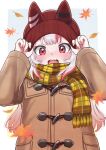 1girl @-you_(you_2023_8_16) adjusting_clothes adjusting_headwear alternate_costume autumn autumn_leaves beanie blush border brown_coat coat duffel_coat fake_horns gradient_hair grey_background hat highres hololive horned_headwear horns long_hair long_sleeves looking_at_viewer multicolored_hair nakiri_ayame oni oni_horns open_mouth plaid plaid_scarf red_eyes red_hair red_headwear scarf smile solo streaked_hair teeth upper_body upper_teeth_only virtual_youtuber white_border white_hair yellow_scarf 