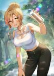  1girl :d bare_arms bare_shoulders black_pants blonde_hair blue_sky blush bottle breasts brown_eyes cleavage cleavage_cutout clothing_cutout cloud commentary_request crop_top day fang hair_between_eyes hair_bun highres holding holding_bottle leaning_forward medium_breasts midriff mosomoso navel nijisanji nui_sociere outdoors pants parted_bangs shirt sky sleeveless sleeveless_shirt smile solo torn_clothes torn_pants tree virtual_youtuber water_bottle white_shirt 