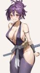  1girl black_armband black_hair breasts cleavage highres jigokuraku large_breasts looking_at_viewer ninja purple_hair purple_robe robe sash shiyorumone short_hair simple_background solo sword topknot weapon white_background white_sash wrist_guards yuzuriha_(jigokuraku) 