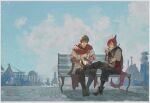  2boys absurdres adventurer_(ff14) animal_ears ankle_boots bench black_footwear black_pants black_scarf blue_eyes blue_sky boots border braid braided_ponytail brown_gloves brown_hair brown_shirt burger cape cat_boy cat_ears cat_tail city cloud crossed_bangs day elbow_gloves facial_mark final_fantasy final_fantasy_xiv fingerless_gloves food g&#039;raha_tia gloves hair_ornament highres holding holding_food hyur jushenger looking_at_another low_ponytail male_focus miqo&#039;te multiple_boys neck_tattoo on_bench outdoors pants red_cape red_eyes red_hair scarf shirt short_hair single_braid sitting sky slit_pupils smile swept_bangs tail tattoo thigh_boots twitter_username tying_footwear warrior_of_light_(ff14) white_border wide_shot x_hair_ornament 