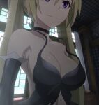  1girl blonde_hair breasts cleavage dress highres large_breasts lieselotte_sherlock long_hair midriff no_bra purple_eyes sideboob smile solo trinity_seven twintails 