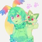 1girl animal_ears bare_shoulders bow bowtie cat cat_ears cat_tail cellval elbow_gloves gloves green_bow green_bowtie green_gloves green_hair green_shirt hauru_252 head_wings highres kemono_friends pokemon red_eyes shirt short_hair simple_background sleeveless sleeveless_shirt sprigatito tail trait_connection wings 