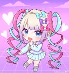  1girl :d blonde_hair blue_bow blue_eyes blue_footwear blue_hair blue_shirt blue_skirt blush bow chibi chouzetsusaikawa_tenshi-chan cloud commentary_request full_body hair_bow hair_ornament hand_up heart heart_hair_ornament ichihara_naga long_hair long_sleeves looking_at_viewer multicolored_hair needy_girl_overdose open_mouth pink_bow pink_hair pleated_skirt purple_bow quad_tails sailor_collar school_uniform serafuku shirt shoes skirt smile solo standing standing_on_one_leg twintails v_over_mouth very_long_hair yellow_bow 