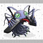  1other antennae barlume_(barlzar) digimon digimon_(creature) floppy_disk full_body green_eyes keramon looking_at_viewer no_humans open_mouth sharp_teeth solo teeth tentacles tongue tongue_out usb 