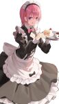  1girl :q absurdres alternate_costume apron black_dress blue_eyes blush bow bowtie breasts cake cake_slice cleavage cleavage_cutout closed_mouth clothing_cutout coffee coffee_cup collar cup disposable_cup dress enmaided eyebrows_hidden_by_hair eyelashes food food_on_face frilled_apron frills go-toubun_no_hanayome hair_between_eyes highres holding holding_tray juliet_sleeves large_breasts licking_lips long_sleeves maid maid_apron nakano_ichika pink_bow pink_bowtie pink_hair puffy_sleeves raikun_raikun short_hair simple_background smile standing straight_hair tongue tongue_out tray white_apron white_background white_collar 