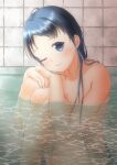  1girl bath bathing bathtub blue_eyes blue_hair blush closed_mouth commentary_request completely_nude full_body grey_background hugging_own_legs kantai_collection long_hair looking_at_viewer mae_(maesanpicture) nude one_eye_closed partially_submerged samidare_(kancolle) sitting solo tile_wall tiles twitter_username very_long_hair water 