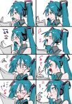  ... 1girl absurdres blue_hair blue_necktie blush collared_shirt confused detached_sleeves fujita_(umeeda_fuji) grey_shirt hatsune_miku headset highres long_hair musical_note necktie open_mouth shirt sleeveless sleeveless_shirt smile smug squiggle sweatdrop thinking twintails v-shaped_eyebrows vocaloid white_background 