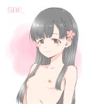  1girl black_eyes black_hair blush braid breasts character_name completely_nude flower hair_flower hair_ornament hamao idolmaster idolmaster_cinderella_girls kobayakawa_sae long_hair looking_at_viewer nipples nude simple_background small_breasts smile solo straight_hair upper_body 