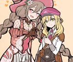  2girls :d alice_(rune_factory) blonde_hair blush braid breasts brown_hair cleavage closed_mouth collared_shirt commentary_request detached_sleeves dress fang fishnet_top fishnets flower green_eyes hair_between_eyes hair_flower hair_ornament hand_up hat heart heart-shaped_pupils heart_hands heart_hands_duo heart_hands_failure korean_commentary long_hair long_sleeves looking_at_viewer ludmila_(rune_factory) multiple_girls necktie open_mouth pink_necktie pointy_ears pouch purple_eyes red_dress red_headwear red_sleeves rune_factory rune_factory_5 shirt shoulder_pads smile striped striped_dress striped_sleeves symbol-shaped_pupils tb_(spr1110) thumbs_up twin_braids very_long_hair white_flower white_shirt wide_sleeves witch_hat yuri 