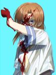  1girl arm_up blood blood_in_hair blood_on_clothes blood_on_face blood_on_hands blue_background blue_eyes blue_sailor_collar empty_eyes highres higurashi_no_naku_koro_ni nasu_(nasuotabe) neckerchief orange_hair ryuuguu_rena sailor_collar shading_eyes shirt short_hair short_sleeves simple_background solo upper_body white_shirt yellow_neckerchief 