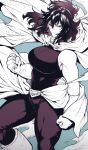  1girl abs arm_at_side armpit_peek bare_shoulders blue_background bodysuit boku_no_hero_academia breasts bright_pupils clenched_hands commentary_request dust dust_cloud dutch_angle elbow_gloves feet_out_of_frame floating_cape floating_hair gloves greyscale_with_colored_background half_updo hand_up hatching_(texture) highres large_breasts looking_at_viewer mole mole_under_mouth partial_commentary shimura_nana short_hair sidelocks sideways_glance sideways_mouth simple_background skin_tight sleeveless sleeveless_bodysuit smile solo takatsuki_ichi thighs toned v-shaped_eyebrows waist_cape 