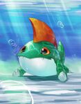  bandai_namco betamon bubble digimon digimon_(species) enrique_mr_blue fangs feathered_crest feathers feral fin green_body head_crest hi_res male red_eyes solo teeth underwater water 