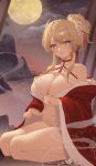  1girl absurdres azur_lane bare_shoulders blonde_hair blue_eyes breasts choker cleavage cleavage_cutout clothing_cutout dress flower full_moon glorious_(azur_lane) glorious_(pungent_plum)_(azur_lane) hair_flower hair_ornament hair_stick highres japanese_clothes kimono large_breasts looking_at_viewer moon night night_sky official_alternate_costume open_clothes open_dress red_choker red_dress red_kimono revealing_clothes shibuya_(kurokamishain) sitting sky solo wariza white_flower wide_sleeves 