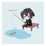  1boy asymmetrical_arms black_footwear black_gloves black_hair black_jacket black_pants blue_eyes boots chibi commentary dated dock dot_mouth expressionless final_fantasy final_fantasy_xv fish fishing_rod gloves highres holding holding_fishing_rod jacket knee_boots male_focus nitoya_00630a noctis_lucis_caelum open_clothes open_jacket pants pond short_hair shorts simple_background sitting solo 