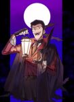  1boy arsene_lupin_iii ascot bat_(animal) black_ascot black_cape black_pants brooch buttons cape fangs full_moon gloves halorane high_collar highres holding holding_lantern jacket jewelry lantern long_sideburns long_sleeves lupin_iii male_focus monocle moon open_mouth pants red_eyes red_jacket shirt short_hair sideburns sideburns_stubble solo teeth vampire_costume white_gloves white_shirt 