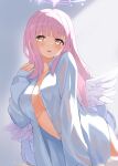  1girl absurdres angel_wings blue_archive blush breasts collarbone commentary_request feza_chen_(ushaku) halo highres large_breasts long_hair looking_at_viewer low_wings mika_(blue_archive) oversized_clothes oversized_shirt pink_hair shirt solo white_shirt white_wings wings yellow_eyes 