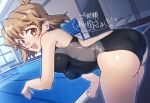  1girl ass bent_over blush breasts competition_swimsuit from_behind hair_ornament hairclip highleg highleg_swimsuit indoors light_brown_hair looking_at_viewer looking_back lydian_academy_swimsuit one-piece_swimsuit open_mouth orange_eyes pool poolside senki_zesshou_symphogear shiny_skin short_hair smile solo swimsuit tachibana_hibiki_(symphogear) yukitsuba_hina 