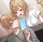  1boy 1girl absurdres blush bow breasts brother_and_sister brown_eyes brown_hair chigusa_minori commentary_request couch food grey_shirt hair_bow highres holding holding_food holding_popsicle indoors jitsuha_imouto_deshita. looking_at_another medium_breasts official_art open_mouth parted_lips popsicle red_bow shirt short_hair short_sleeves siblings sidelocks teeth ueda_hinata ueda_kousei upper_body white_shirt 