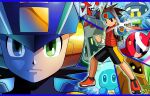  6+boys aquaman.exe bandana brown_eyes brown_hair capcom colored_sclera cover full_body green_eyes helmet junkman.exe lan_hikari_(mega_man) long_sleeves looking_at_viewer male_focus mega_man_(series) mega_man_battle_network mega_man_battle_network_4 megaman.exe metalman.exe multiple_boys numberman.exe official_art protoman.exe short_hair shorts textless_version video_game_cover wavy_mouth woodman.exe yellow_sclera 