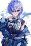  1girl belt black_belt black_choker black_dress blue_eyes blue_hair blue_jacket bow bow_earrings breasts choker collared_dress dress earrings green_ribbon hair_between_eyes highres hololive hoshimachi_suisei hoshimachi_suisei_(3rd_costume) jacket jewelry lace lace_choker lace_sleeves long_hair long_sleeves looking_at_viewer neck_ribbon official_alternate_costume official_alternate_hairstyle ribbon sa-ya2 short_dress short_sleeves skirt skirt_set small_breasts solo star_(symbol) star_in_eye symbol_in_eye two-sided_fabric two-sided_jacket virtual_youtuber white_background 