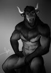  abs andreas_(apis_ger) anthro beard bgn bison black_and_white bovid bovine covering covering_self facial_hair fur hair hi_res horn male mammal monochrome muscular muscular_anthro muscular_male nipples nude pecs simple_background solo 