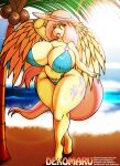  anthro anthrofied beach big_breasts bikini breasts cleavage clothed clothing dekomaru equid equine feathers female fluttershy_(mlp) friendship_is_magic hasbro hi_res huge_breasts mammal my_little_pony pegasus pubes seaside solo swimwear thick_thighs wings yellow_body yellow_feathers 