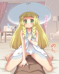  1girl armchair blonde_hair blunt_bangs blush braid chair closed_mouth clothes_lift clothing_aside commission cowgirl_position curtains dress dress_lift girl_on_top hand_on_another&#039;s_chest hat lampshade light_frown lillie_(pokemon) long_hair on_bed panties panties_aside pokemon pokemon_(game) pokemon_sm pov see-through see-through_dress sex skeb_commission sleeveless sleeveless_dress soumendaze straddling sun_hat sundress talking twin_braids underwear vaginal white_dress white_headwear 