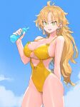  1girl arm_behind_back blonde_hair blue_nails blue_sky bottle breasts cleavage_cutout clothing_cutout cloud cloudy_sky commentary cowboy_shot earrings green_eyes highleg highleg_swimsuit highres holding holding_bottle jewelry jun_(seojh1029) large_breasts long_hair looking_at_viewer nail_polish one-piece_swimsuit open_mouth original outdoors parted_bangs sky solo standing swimsuit thighs underboob water_bottle yellow_one-piece_swimsuit 