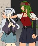  1jumangoku 2girls belt black_background black_belt black_headband black_ribbon black_sleeves blue_hair blue_skirt brown_headband clenched_hand commentary cracked_wall crying crying_with_eyes_open elbow_sleeve flat_color fujiwara_no_iyozane genderswap genderswap_(otf) gradient_background green_hair grey_background hair_ribbon hakama hakama_short_skirt hakama_skirt hand_on_wall headband height_difference highres jacket jacket_on_shoulders japanese_clothes kabedon kimono len&#039;en light_blue_hair light_blue_jacket long_hair long_sleeves multiple_girls nervous_smile one_side_up open_mouth own_hands_clasped own_hands_together purple_kimono raised_eyebrows red_armor ribbon short_hair shoulder_pads single_sidelock single_sleeve skirt smile speech_bubble streaming_tears taira_no_fumikado tears teeth translated triangle_mouth upper_teeth_only wide_sleeves yuri 
