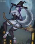  anthro blue_eyes broom broom_riding canid canine cleaning_tool clothing female fluffy fluffy_tail fox fur giesenn hair halloween hat headgear headwear hi_res holidays legwear magic_user mammal moon night pawpads paws purple_hair sky solo stockings tail white_body white_fur witch witch_costume witch_hat 